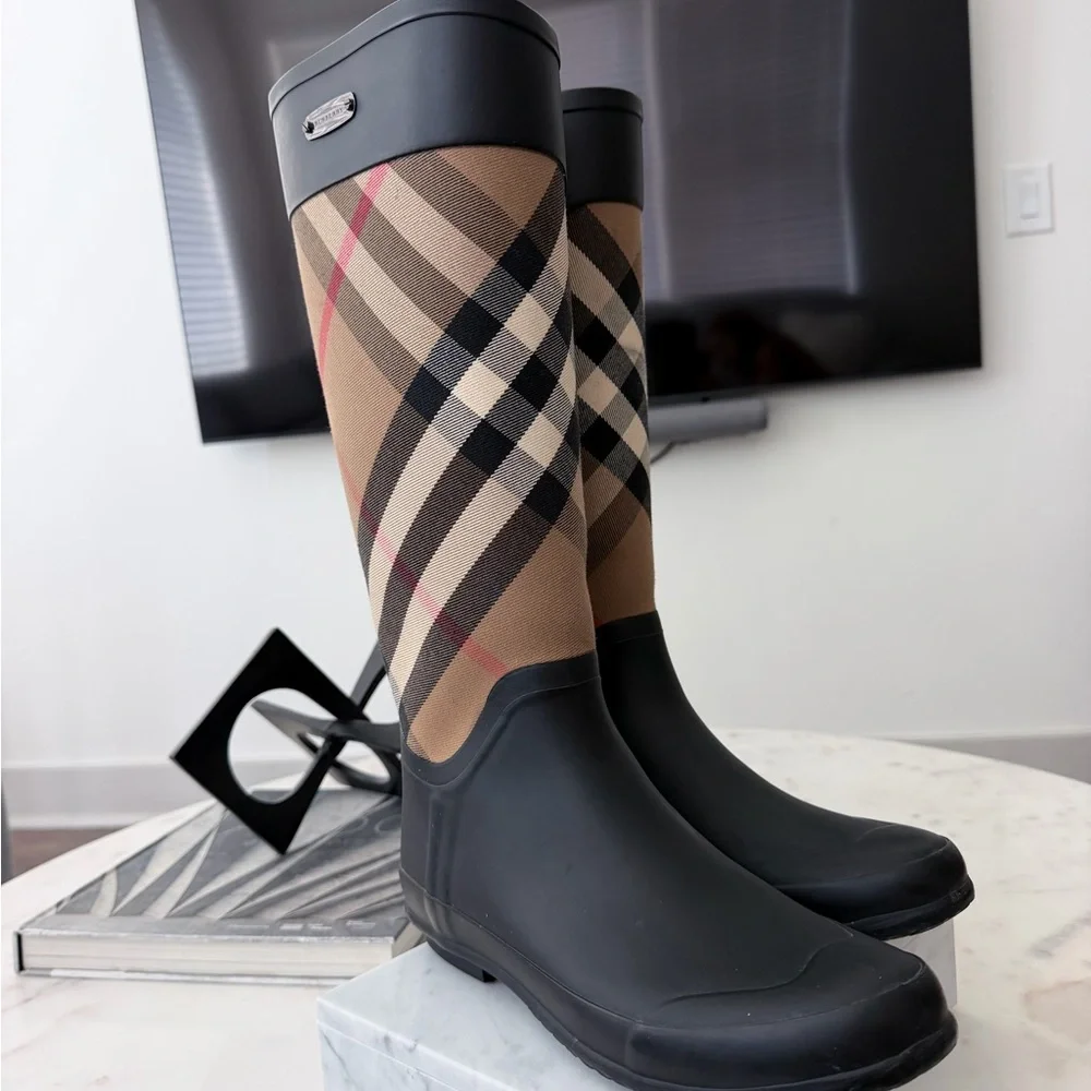 Burberry Black and Haymarket Plaid Tall Rain Boots